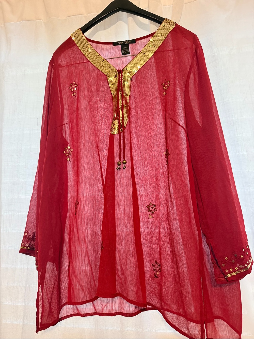 Only Nine Sheer Red Embellished Tunic with Gold Trim